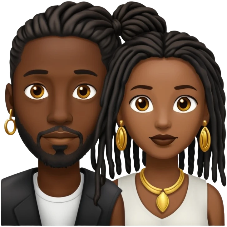 Dark skin black man with black short locs and goatee with a black women brown long locs and gold earrings  emoji