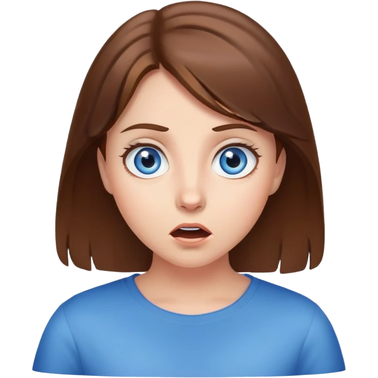 girl with brown hair and blue eyes, surprised face emoji