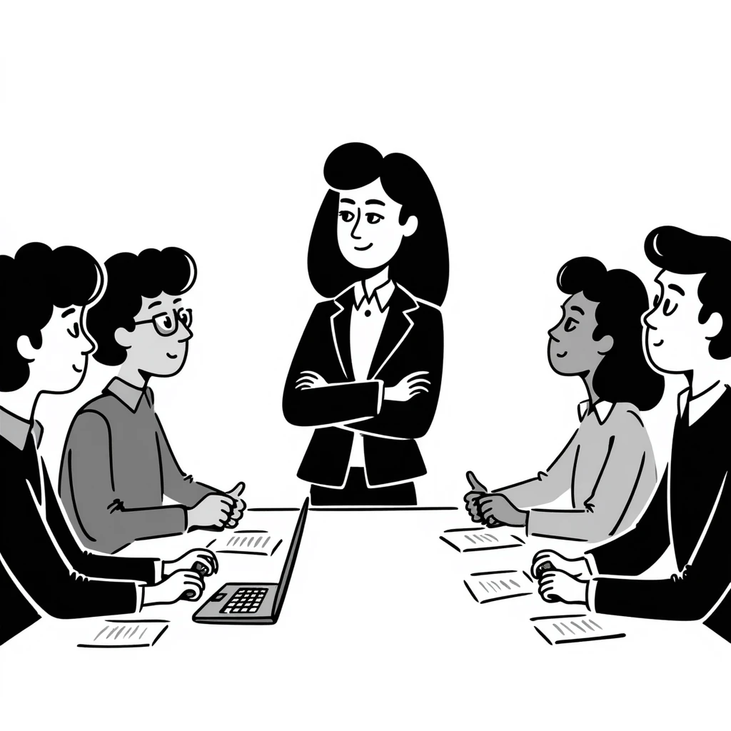 Executive employer at head of meeting table with team emoji
