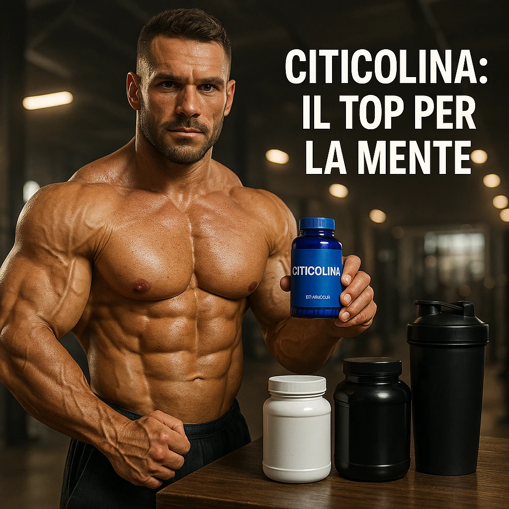 hyper realistic bodybuilder showing blue bottle of Citicolina next to supplements, defined muscles, text 'Citicolina: il top per la mente', gym environment, motivational atmosphere emoji