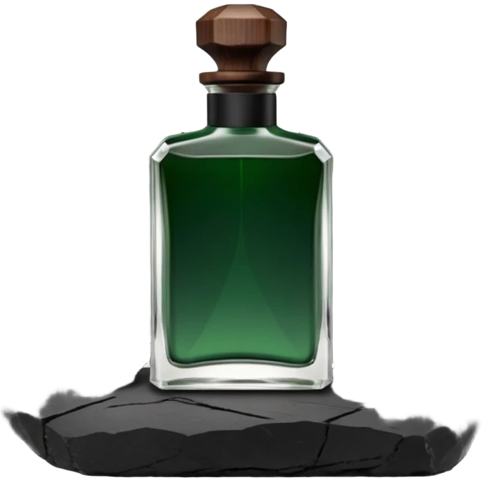 A masculine fragrance bottle featuring a gradient of deep forest green to charred black glass. The cap is made of dark walnut wood. The bottle is placed on a jagged piece of slate rock with a faint mist in the background. Earthy, moody, textured, photorealistic. emoji