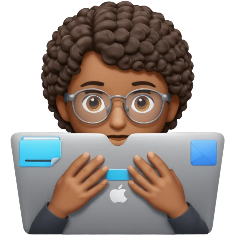 3D Apple Memoji–style emoji, brown-skinned male character, short curly hair, thick glasses, calm focused eyes, peeking over silver laptop, transparent PNG, 4K. emoji