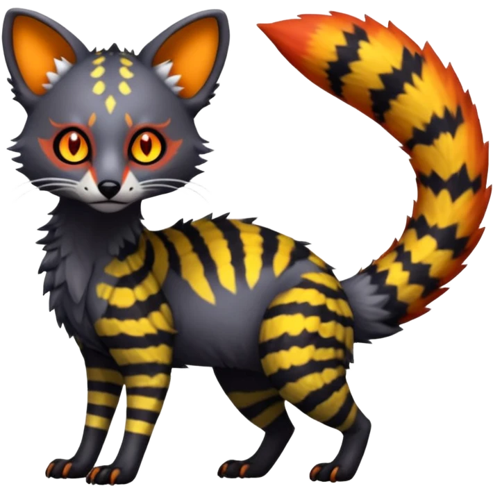 Rare warm-colored exotic edgy epic aesthetic gloomy spooky dark modern colorful cyber-Genet-Trico-species-Fakemon-hybrid-creature, with beautiful intricate markings, full body emoji