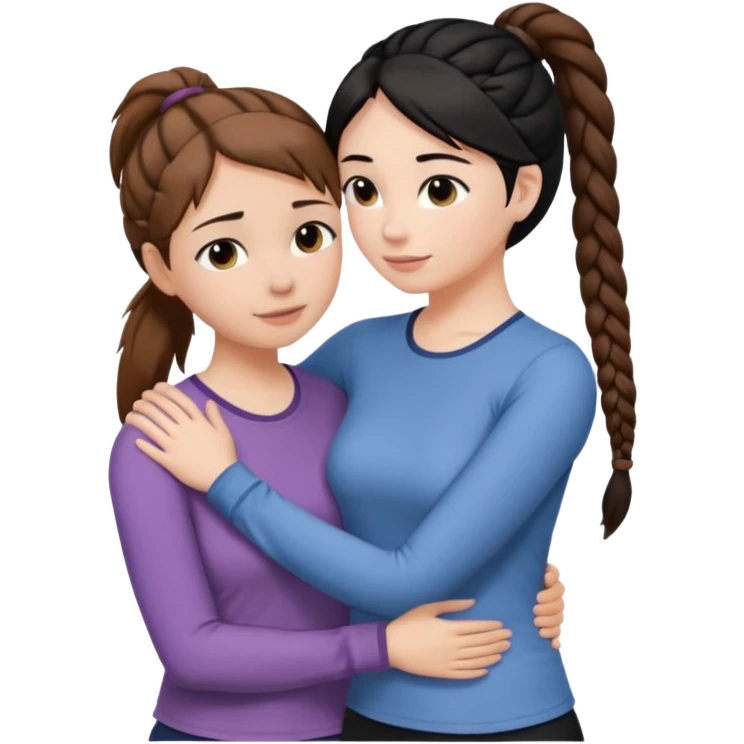Comforting Hug two white skin women, one shorter woman with brown hair in simple top ponytail, not braided, and one taller woman with black hair in long side braid emoji