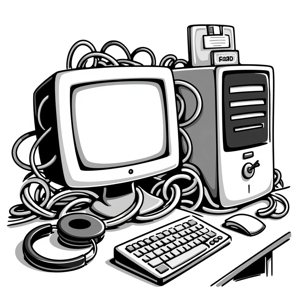 A messy desk full of cables, floppy disks, and a 2000s PC emoji