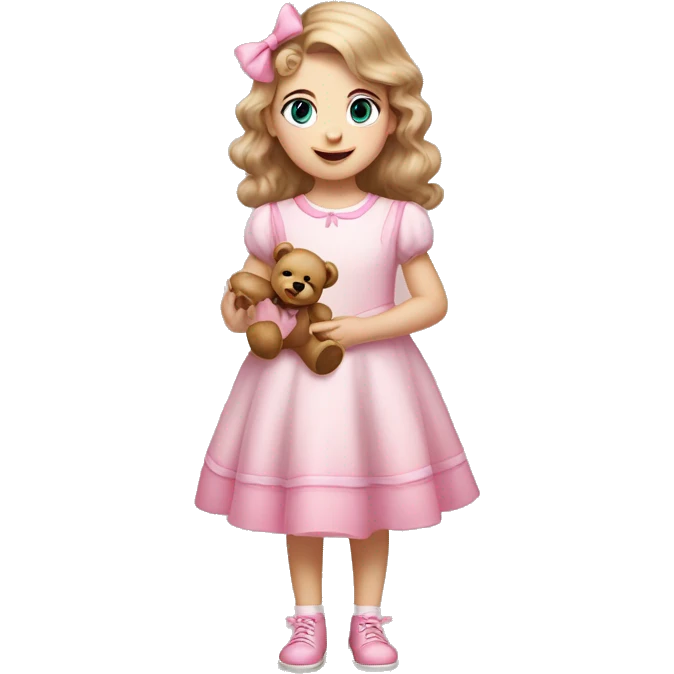 Little Girl with White skin, blue eyes. Light brown hair with pink bows in it.  She is wearing a pink and White dress, standing and holding on to a teddybear with a pink bows. emoji