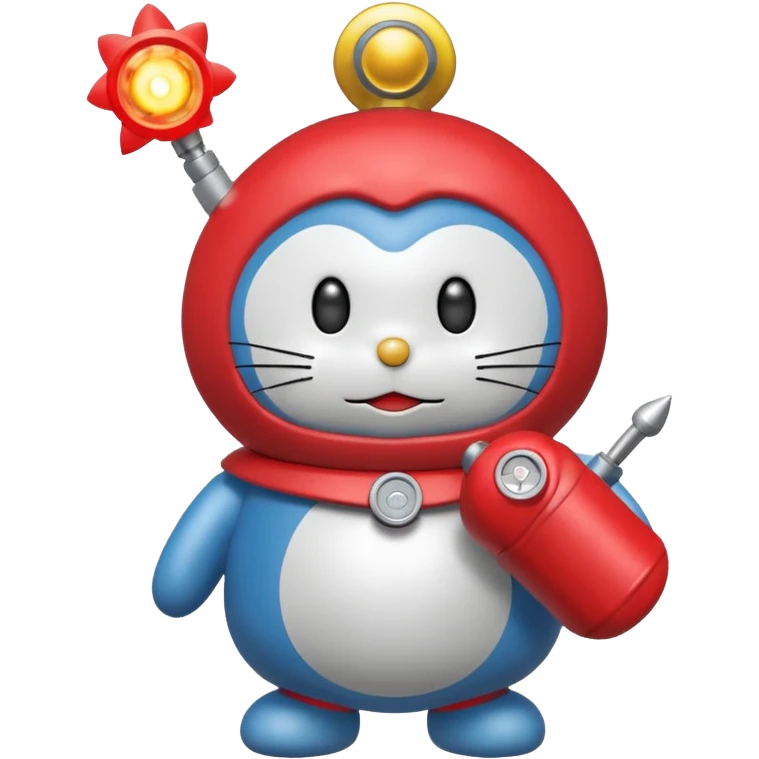 Red mad doraemon plush holding a nuke button emoji