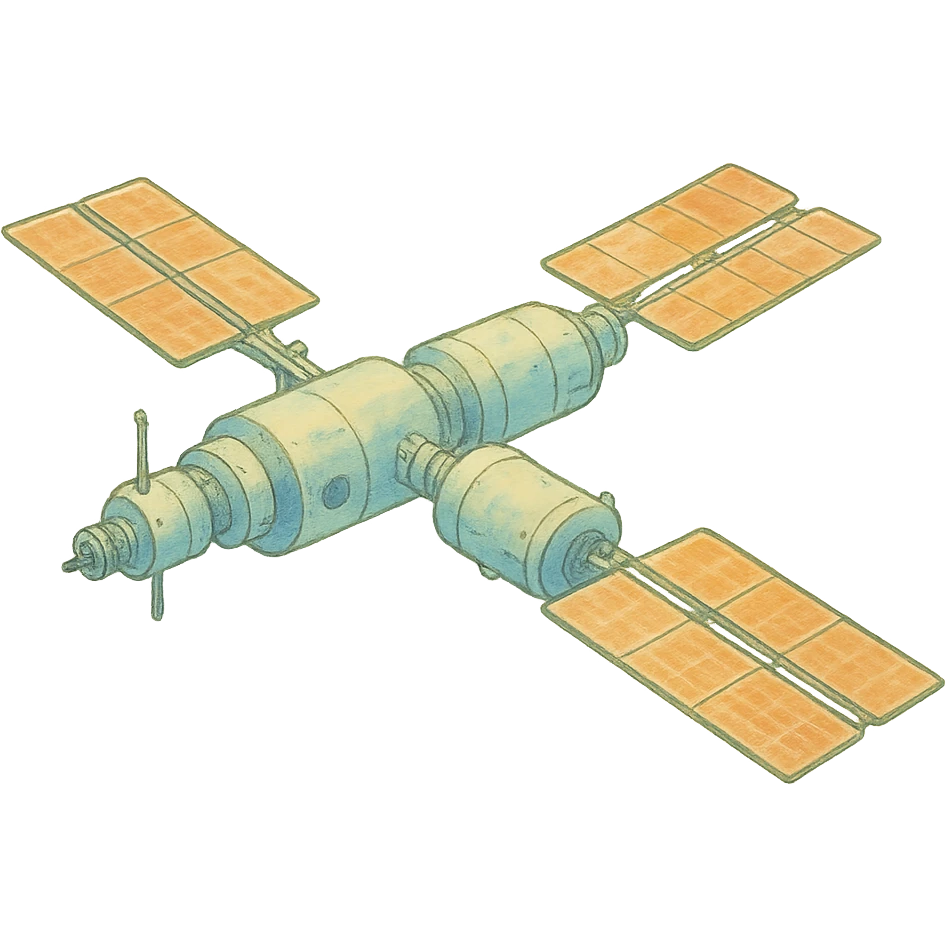 ghibli style illustration of Tiangong orbital station with soft colors emoji