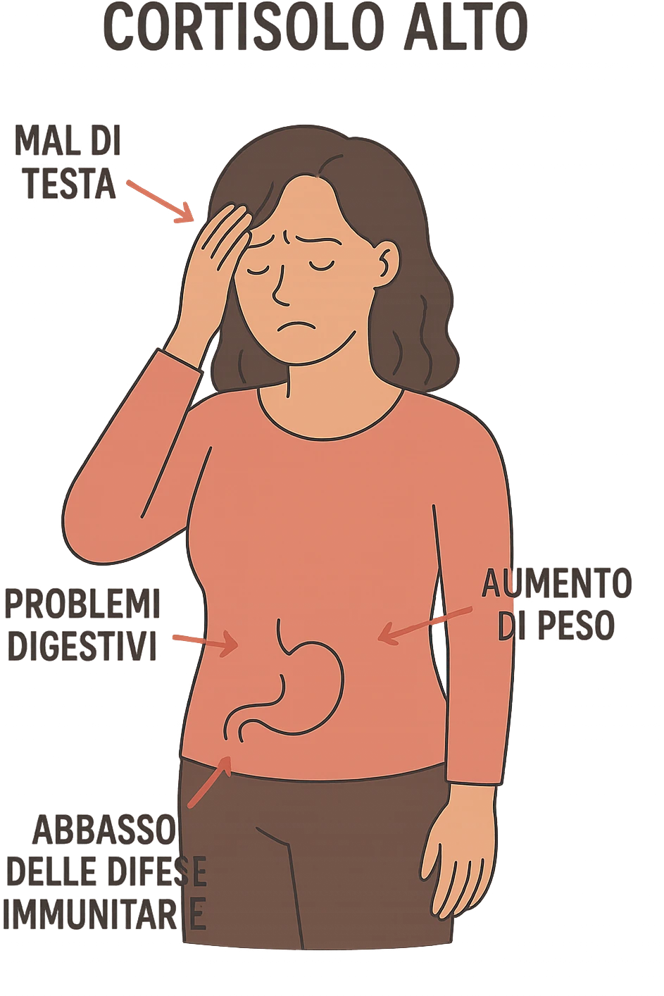 donna Cortisolo alto con freccie che indicano. In italiano emoji