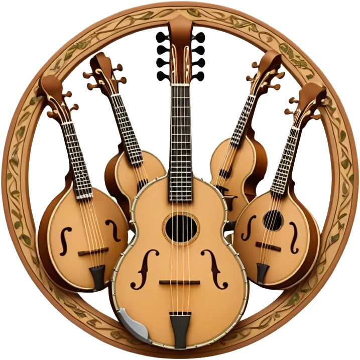 Design a sophisticated and festive emblem-like emoji representing plucked and stringed instruments. The layout should resemble a heraldic crest, featuring iconic instruments like a banjo, mandolin, domra, and sitar, artistically arranged in an elegant and symmetrical way. The necks of the instruments should be intertwined with a flowing ribbon of musical notes, winding around the strings and fretboards. The design should be detailed, showcasing the intricate carvings on the instruments, visible strings, and fret markers. Use a rich color palette with deep golds, browns, and vibrant accents to evoke a sense of luxury and celebration. The musical notes should appear to float around the instruments, connecting them in a graceful, dynamic way. Include ornate flourishes or decorative elements like laurels, swirls, or subtle engravings to give the image a professional, emblematic appearance. The background should be transparent. emoji