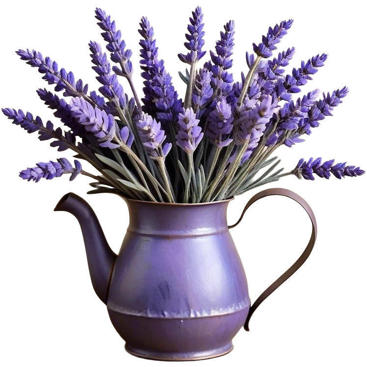 An overflowing bouquet of dried lavender, arranged in a weathered metal pitcher with a patina of age, displays a harmonious blend of dusky mauve, soft periwinkle, and rich indigo hues. A frayed velvet ribbon in deep violet wraps loosely around the handle, as stray lavender stems spill over the edge, filling the air with their soothing fragrance.
 emoji