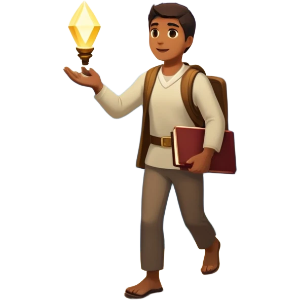 A man walks from darkness and inner conflict toward a glowing light in his chest, guided by intuition. Along the path, he passes through ambition and emptiness, then reaches a radiant mountaintop where healing transforms him into a fulfilled guide, holding a book and offering his hand to others. emoji