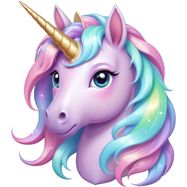 Cinematic pastel-colored unicorn, flowing iridescent mane, big sparkling eyes, tiny rounded hooves, soft chubby cheeks, delicate magical glow surrounding, enchanting and dreamy. emoji