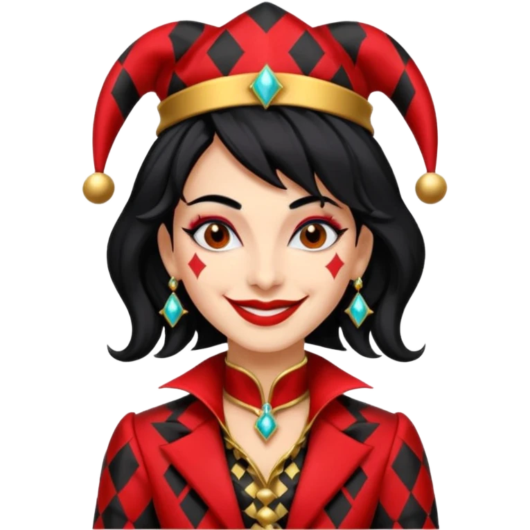 Jester woman, black and red suit, black hair emoji
