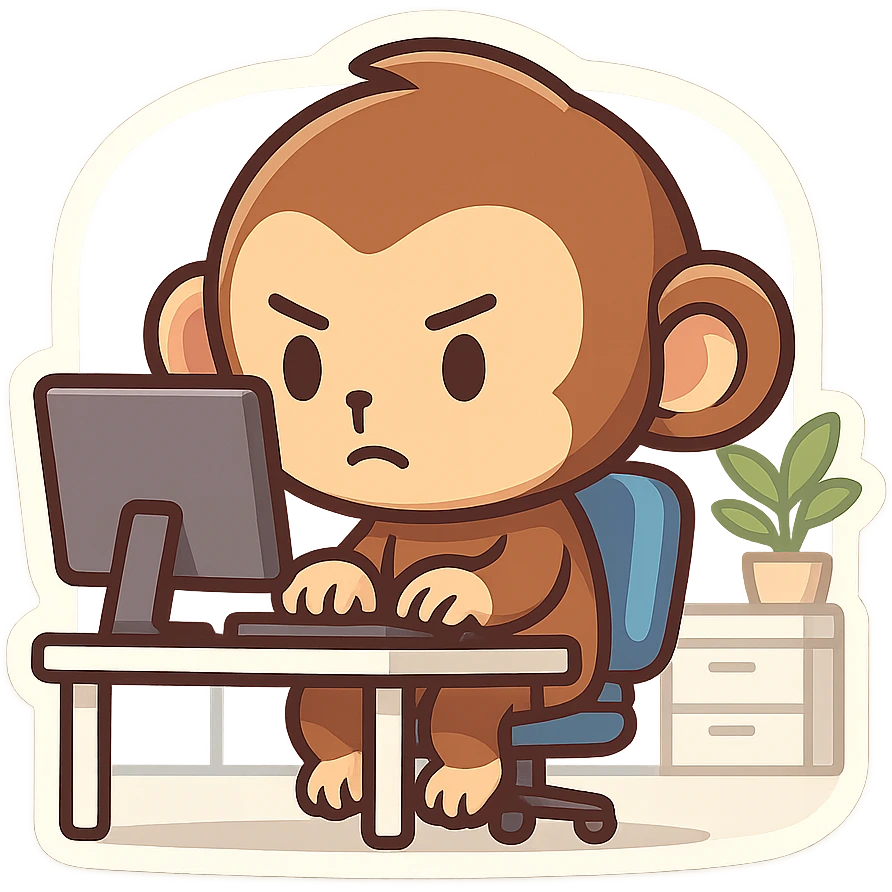 monkey sitting in front of computer typing, focused expression, modern office environment, clean and bright, suitable for emoji sticker emoji
