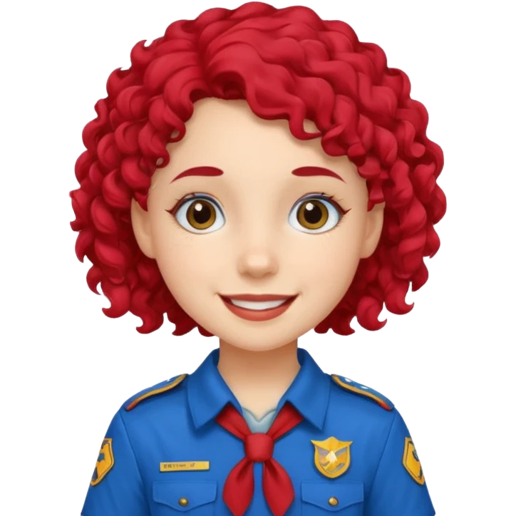 scout girl with red scout uniform, blue curly haired emoji