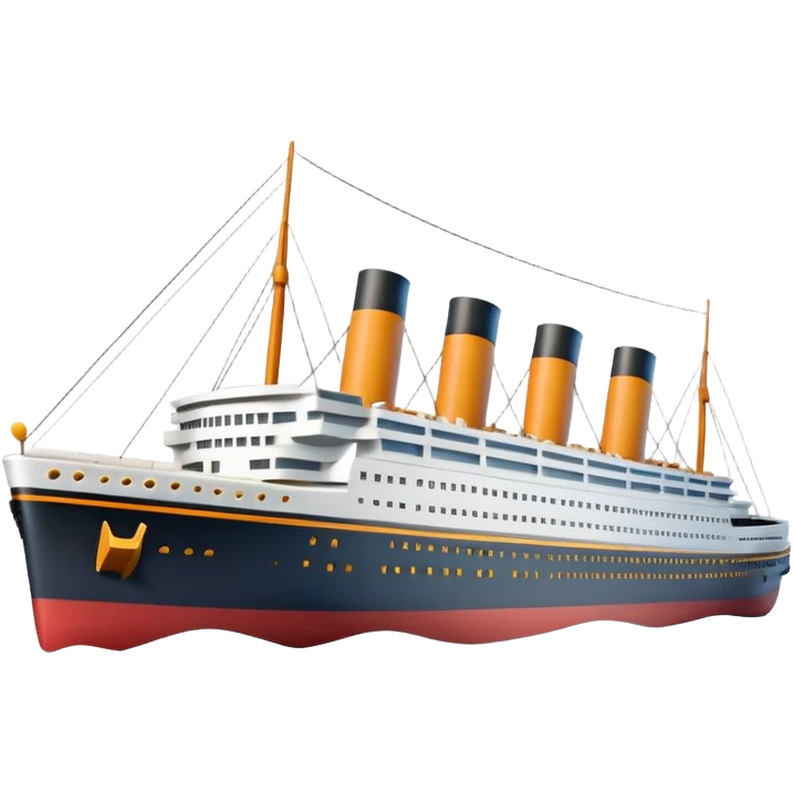 A 3D emoji of a Titanic ship in Apple style, glossy and smooth surface, bright clean colors with subtle shading, simple and minimal details, no face or expressions, floating on calm ocean, soft shadows, high-quality render, isolated on white background.


 emoji
