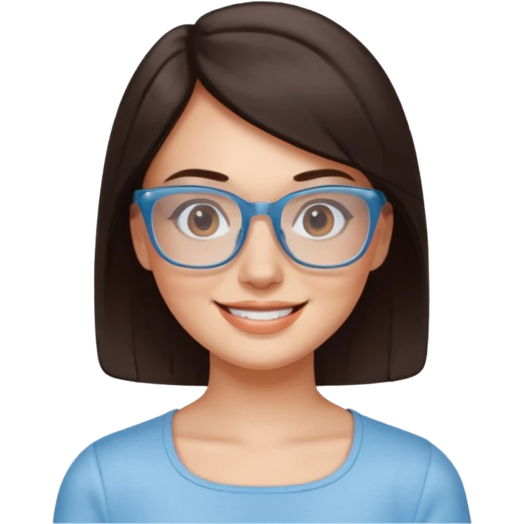 mujer de 30 años, cabello marron oscuro, anteojos cuadrados transparente, top celeste escote cuadrado, piel blanca, cara redonda emoji