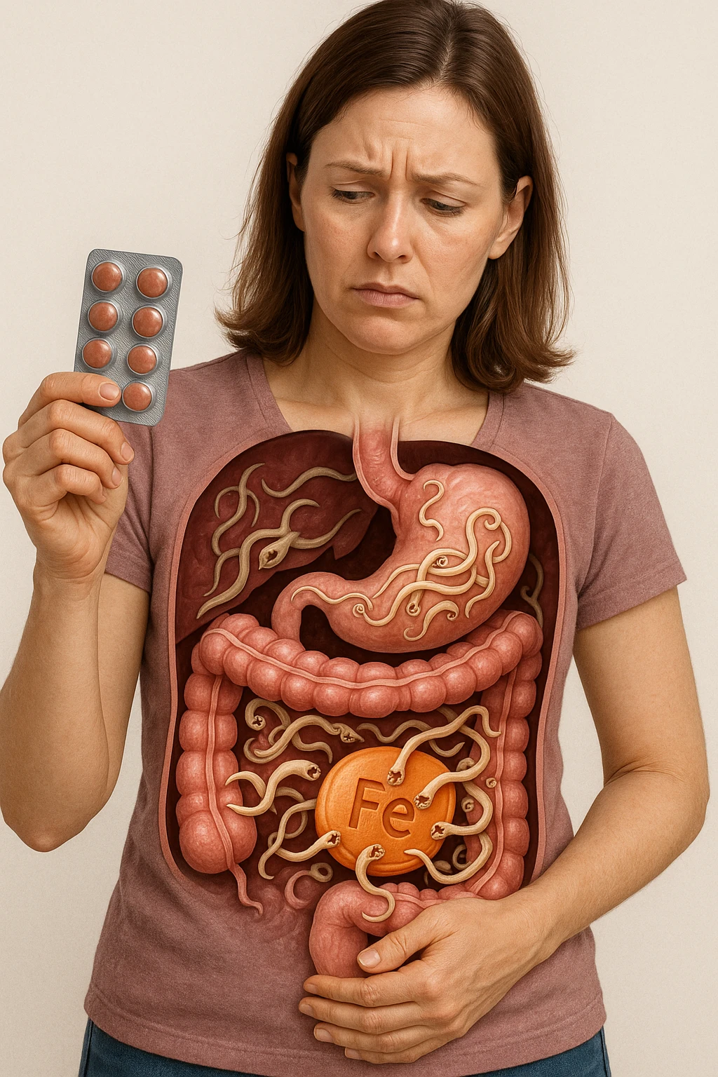 donna con parassiti intestinali che prende integratore di ferro, ma lo mangiano i suoi parassiti. Immagini realistiche emoji