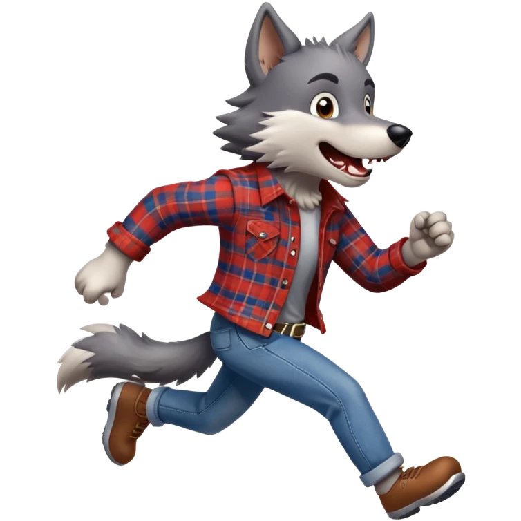 friendly anthropomorphised wolf in plaid and jeans running, energetic pose emoji