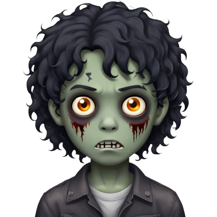 Boy, zombie, black curly wavy hair, medium long, round shaped hair, emo, dark, spooky, creepy expression emoji