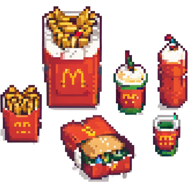 futuristic mc donalds sandwich boxes, fries, bag and drink. dystopian emoji