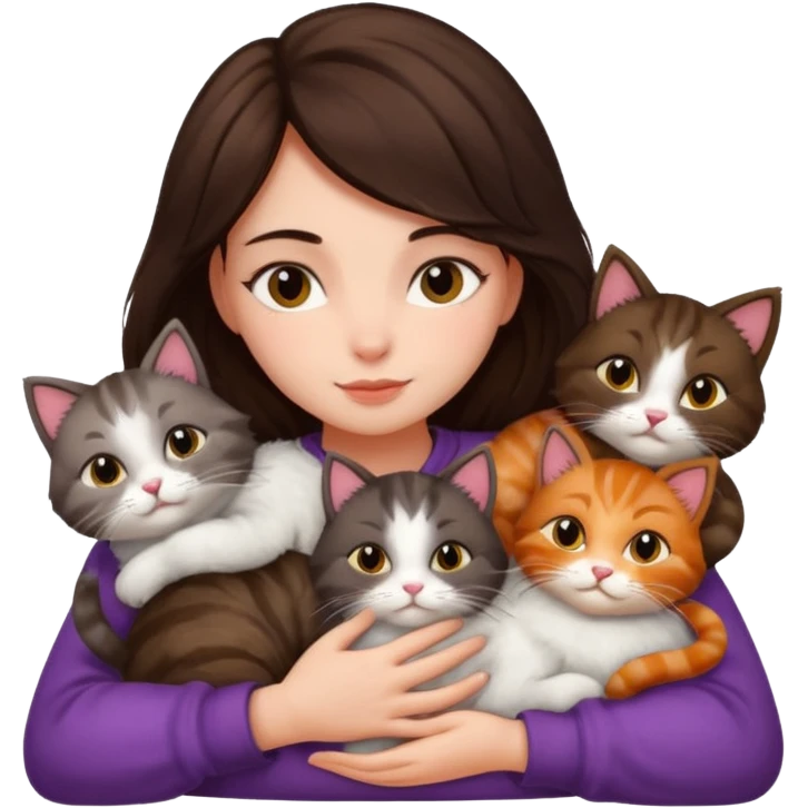 brunette girl snuggling 6 cats emoji