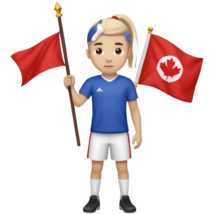 A pony tail hair boy holding a big team flag, waving it proudly with a determined expression. emoji