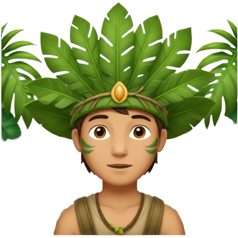 a young man explorer with jungle wearing a large leaf headgear bye  emoji