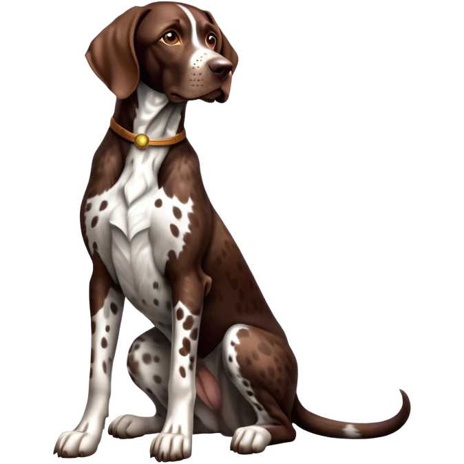 cinematic-[german pointer]-realistic-full-body-sitting-emoji,-tail-resting-loosely-beside-its-paws,-head-tilted-dramatically,-sleek-[brown and white spotted]-fur,-simplified-yet-realistic-focused-features,-highly-detailed,-glowing-with-an-almost-sarcastic-glow emoji