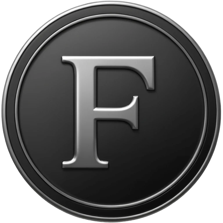 Emoji icon of a black coin with engraved letter F, minimalist style, isolated, no color emoji