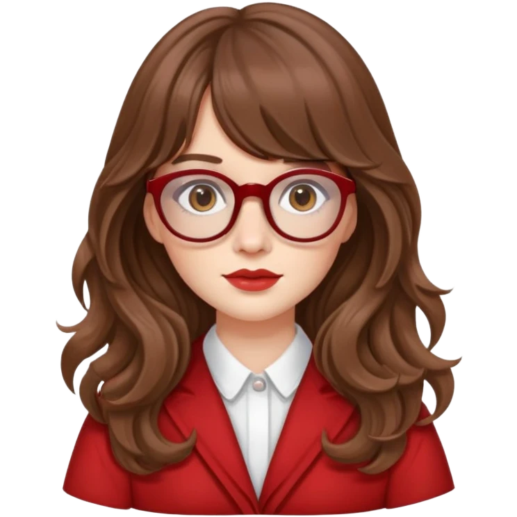 White skin Girl with brown long wavy hair with curtain bangs and brown glasses wearing red emoji