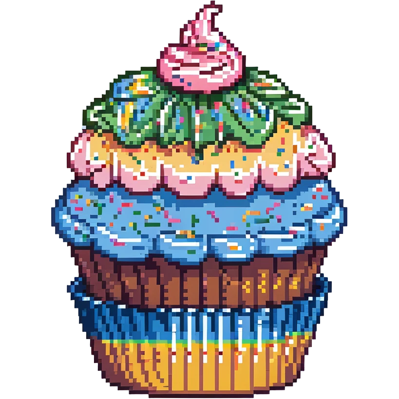 large cupcake with pink frosting, rainbow sprinkles, blue cupcake wrapper, pixel art style emoji