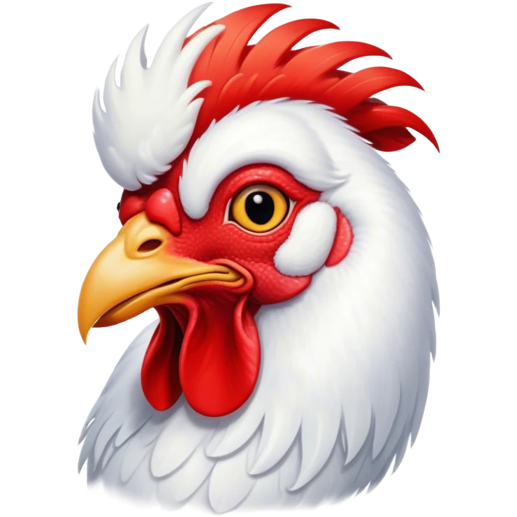 Cinematic Cute White Rooster Portrait Emoji, Head tilted playfully and inquisitively, featuring a glossy, immaculate white plumage with a vibrant red comb, round, sparkling eyes filled with curiosity, Simplified yet irresistibly adorable features, highly detailed, glowing with a warm, friendly glow, high shine, affectionate and spirited, stylized with a touch of farmyard whimsy, bright and endearing, soft glowing outline, capturing the essence of a mischievous yet loving rooster, so playful it feels like it could strut out of the screen and into your arms! emoji