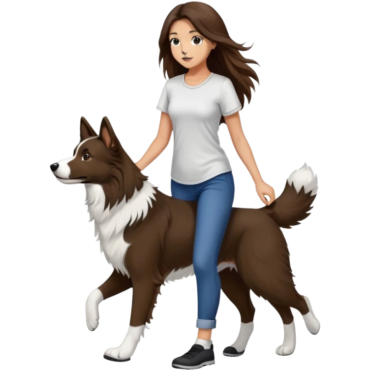 A beautiful girl with long brown hair and wearing a tight short-sleeved shirt is walking a black and white Border Collie emoji