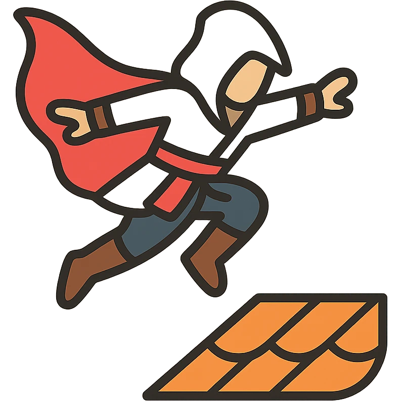 assassin's creed character leaping from a rooftop, cape flowing, minimalist, rounded, soft lines, simple shapes, Airbnb icon style emoji