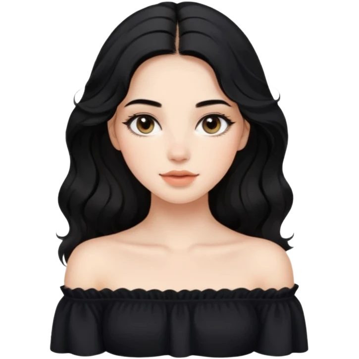 A realistic 3D avatar of a young woman with a soft oval face, slim cheeks, natural almond eyes, long wavy black hair, minimal makeup, wearing a black off-shoulder top, elegant and aesthetic, not cartoonish. emoji