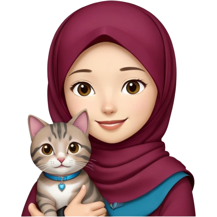 Asian White girl wearing maroon hijab holding a black grey tabby cat while smiling. The cat is wearing a blue collar emoji