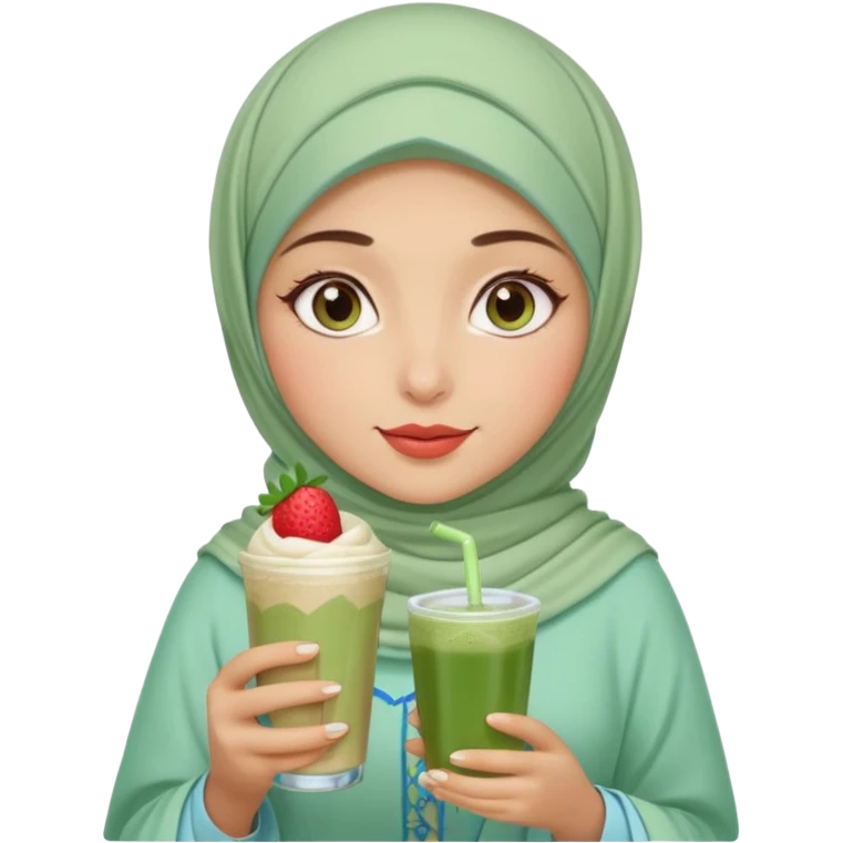 Turkish beautiful finish Konya girl blue eyes with beige and light green hijab islamic dress and had on her hand strawberry Matcha drink emoji
