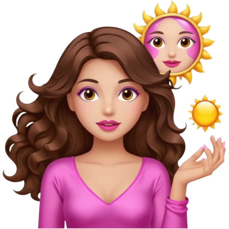 girl with long wavy brown hair, brown eyes, long lashes makeup, sexy pink lips, light to medium complexion, wearing a pink sexy silk top, holding the sun icon  emoji