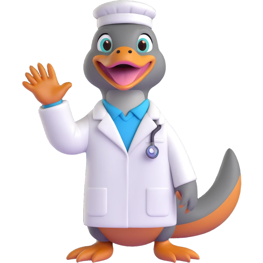 platypus in a white lab coat, waving one hand emoji