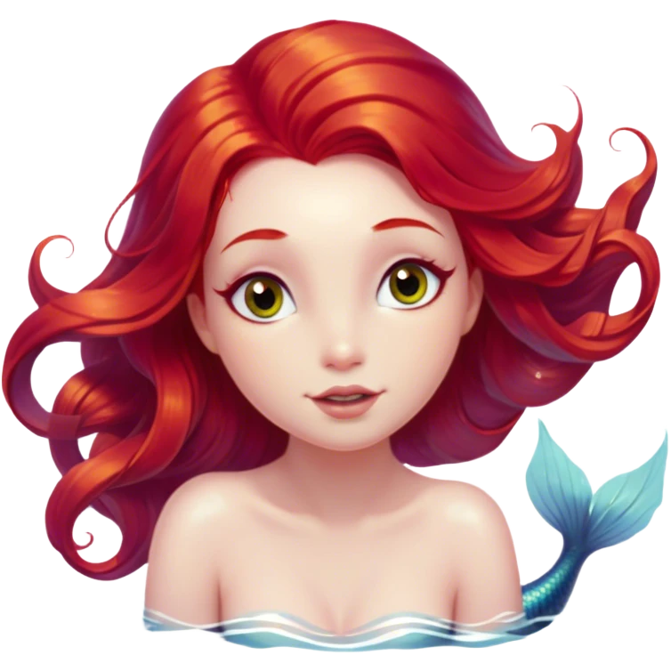 Cinematic Realistic Red Hair Mermaid Portrait, head tilted playfully and inquisitively, showcasing an ethereal form with finely detailed, flowing red hair against luminous porcelain skin. Her bright, curious eyes sparkle like hidden gems beneath the gentle caress of underwater light, rendered with lifelike clarity and warm, filtered illumination—capturing the essence of a spirited mermaid ready to splash playfully into your imagination. emoji