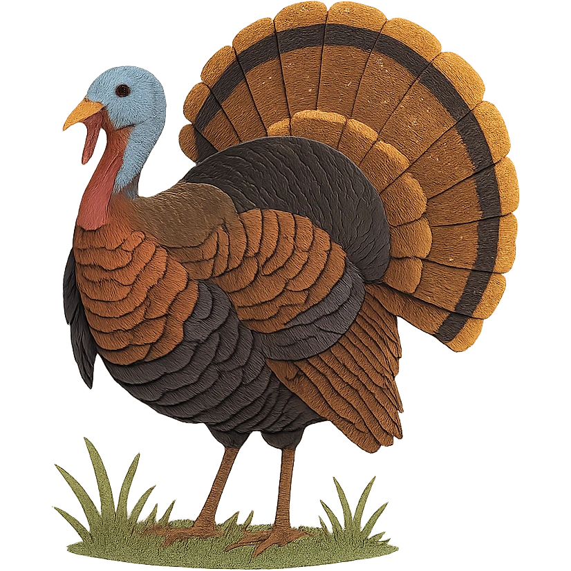 Eastern Wild Turkey standing in grass, delicate paper layers, realistic feather patterns, subtle color variations, fanned tail emoji