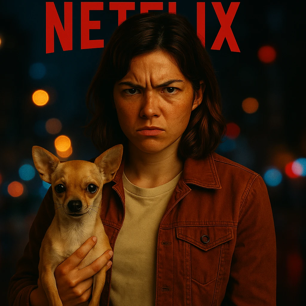 Add a blurred urban nighttime background behind the woman and the chihuahua, in the style of a Netflix series poster, keeping all other elements identical. emoji