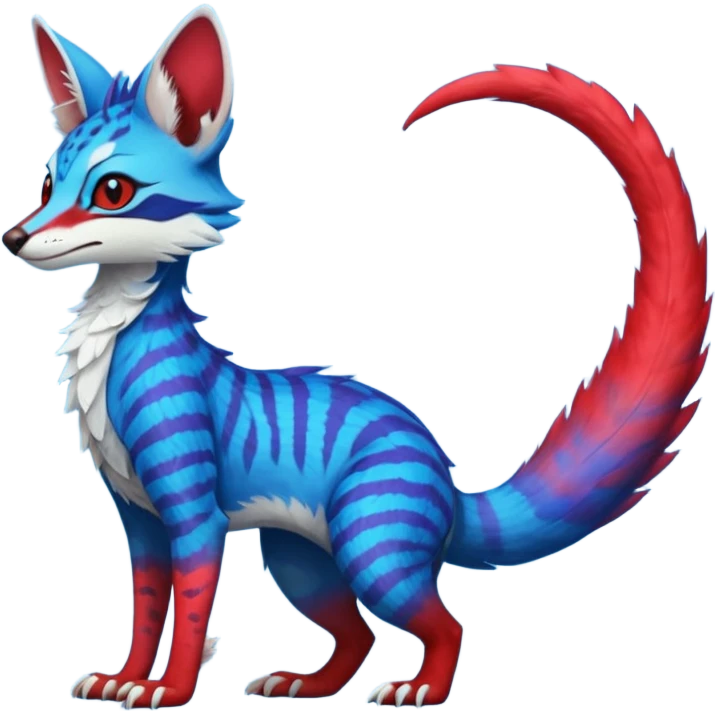 Feral Rare Fantasy vibrant cyan-cobalt-blue-crimson-red-gradients-colored colorful Vernid-Sergal-Genet-Trico-species by LiLaiRa, random markings, tufted tail, tufted ears, full body emoji
