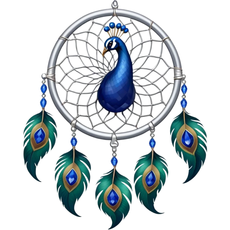 a Silver Dreamcatcher with sapphire-stones and emerald-stones, and with peacock-feathers. Big sapphire gem in the middle. Many tiny emeral gems around it.   emoji