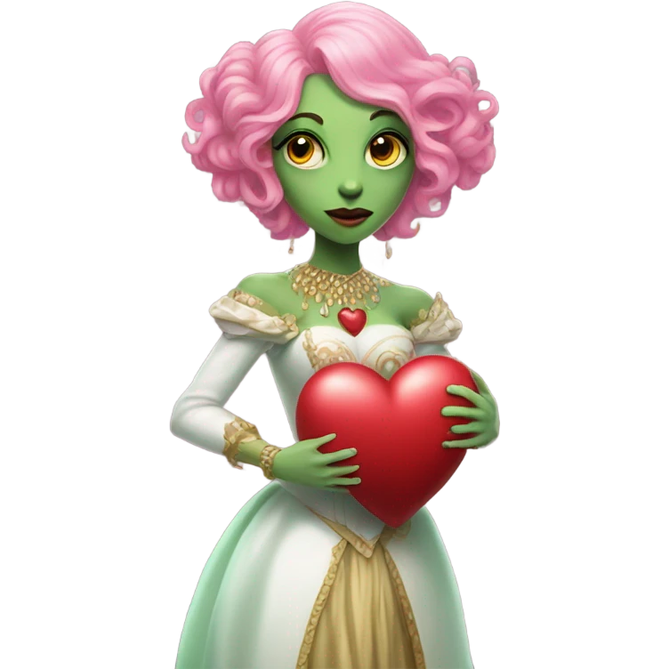 a green amazon alien woman in Victorian white gold, pink hair,holdig, red big hearth, full body emoji