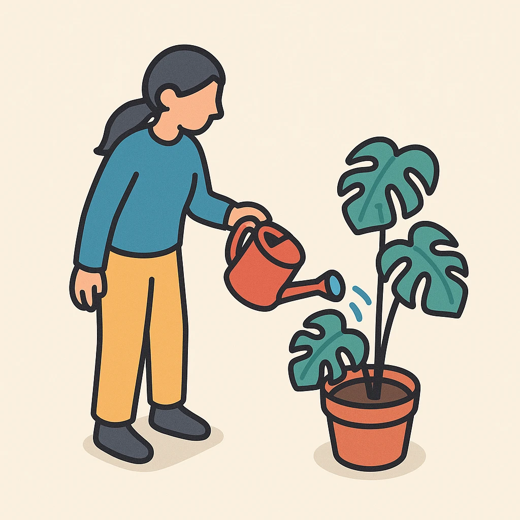 woman watering her monstera plant emoji