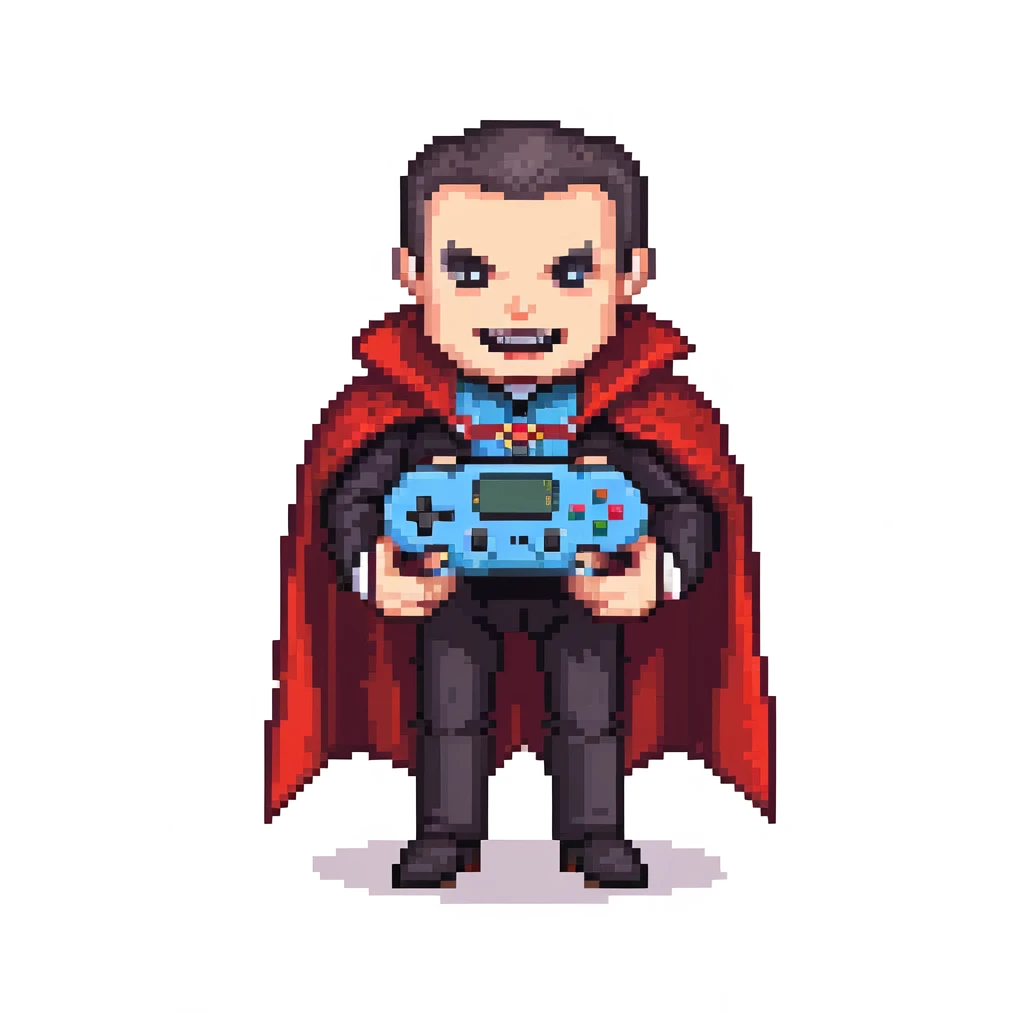 Count Dracula vampire with fangs and cape holding a gaming controller emoji