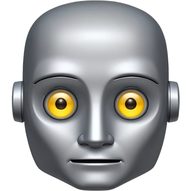 Silver robot with a square head, no hair, yellow eyes without pupils, thick moustache, wearing a tuxedo, buff emoji